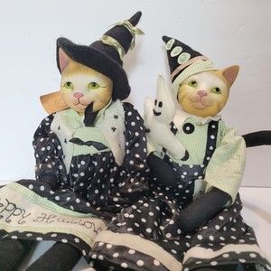 Halloween Tabby Cat Witch Shelf Sitter Porcelain Head Polka Dot Miss Elle’s